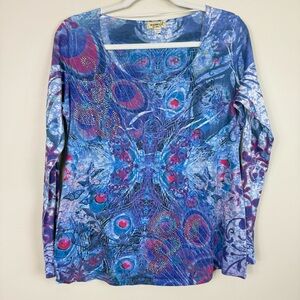 One World Top Womens Large Peacock Animal Scoop Neck Long Sleeve Pink Blue Shirt